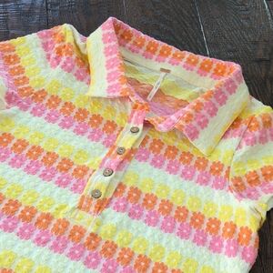 FREE PEOPLE I Retro Yellow, Orange, & Pink Floral Babe Town Crop Polo Shirt, L